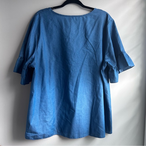 5/$25 Plus size 2X Women's Denim Embroidered Top, Ruffle Sleeves, Floral - Picture 3 of 7